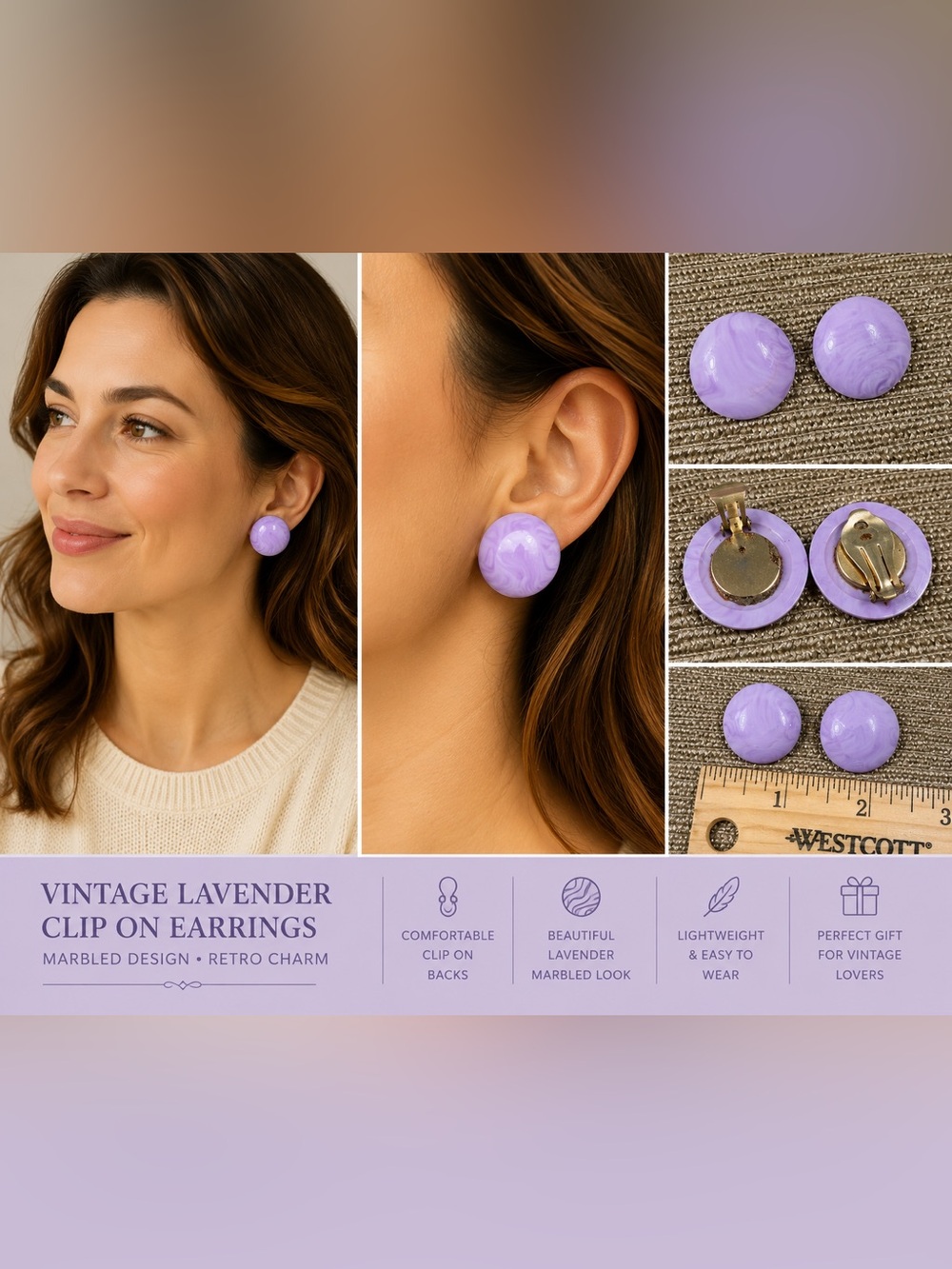 Vintage Lavender Marbled Clip On Earrings Round Dome Purple Statement Retro